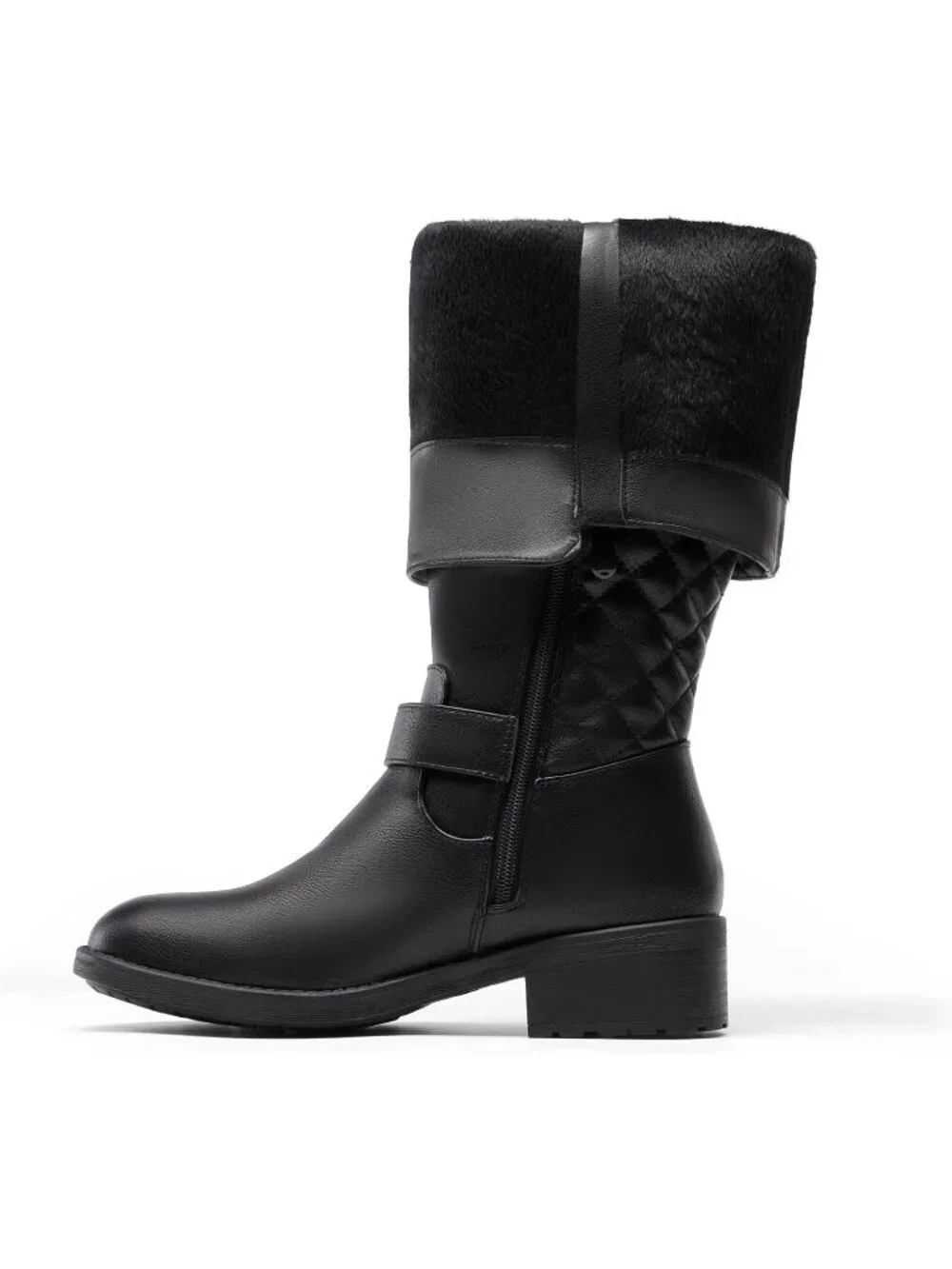 Women's Black Comfortable Chunky Block Heel Round Toe Side Zipper Knee High Boot